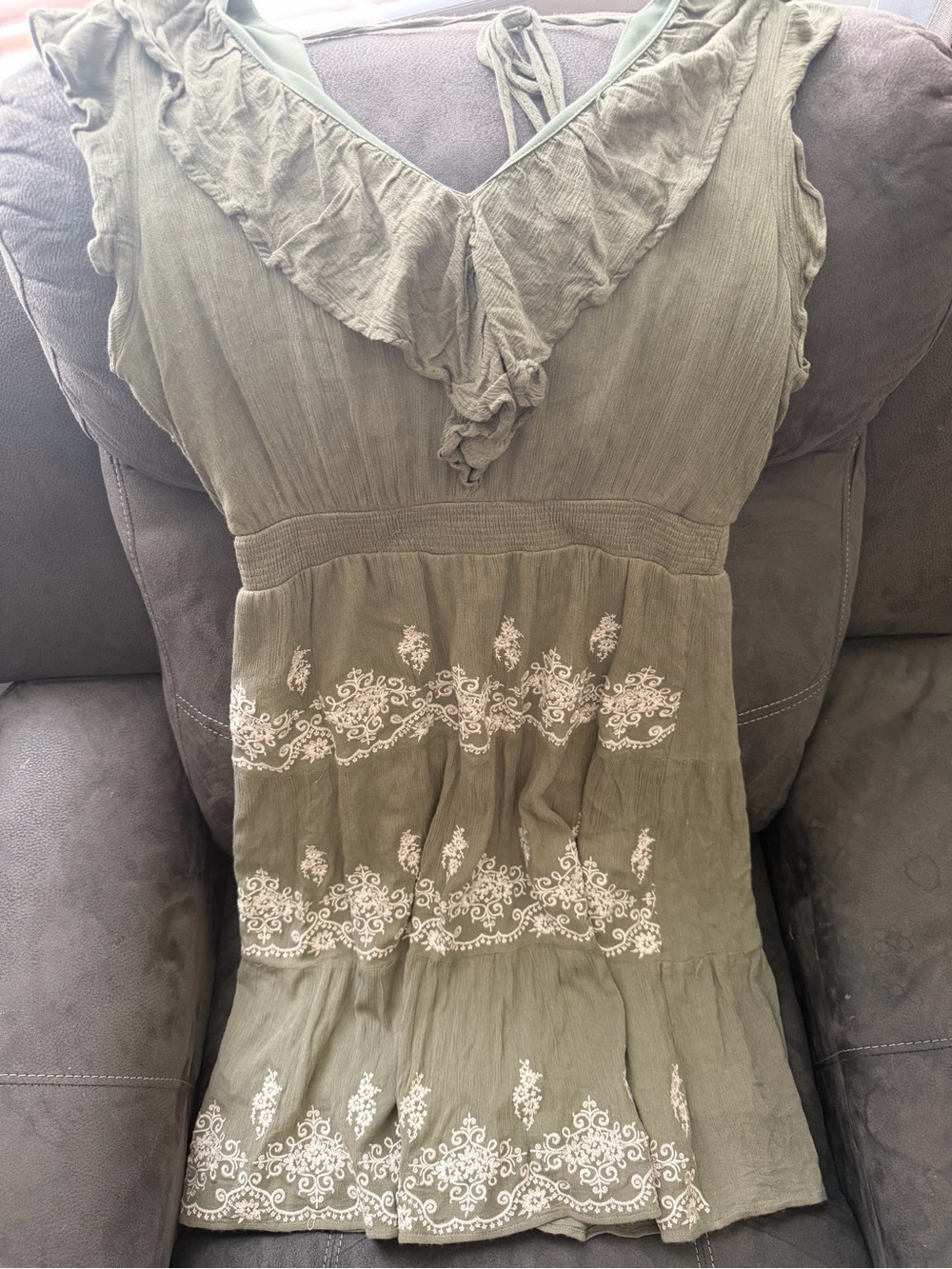 Savanna Jane Olive Green Embroidered Ruffle V-Neck Midi Dress